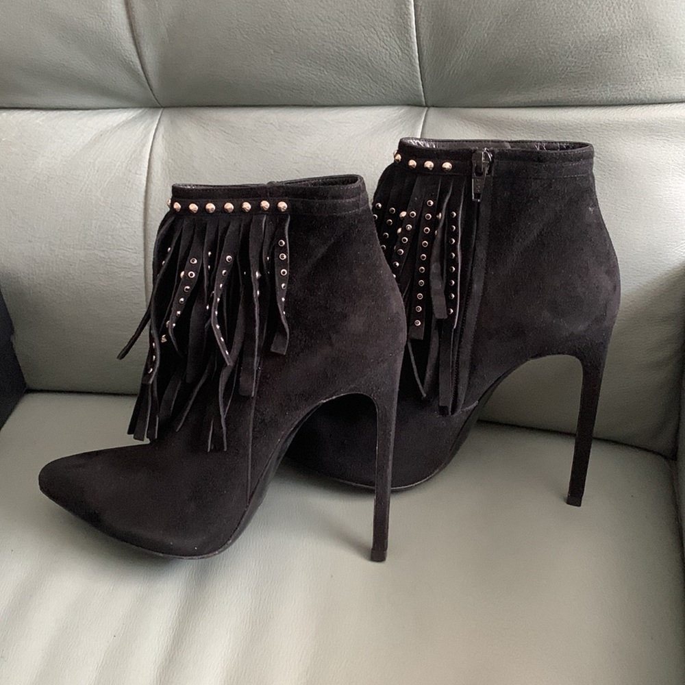 Saint Laurent Black Suede Studded-fringe Bootie - Picture 13 of 15